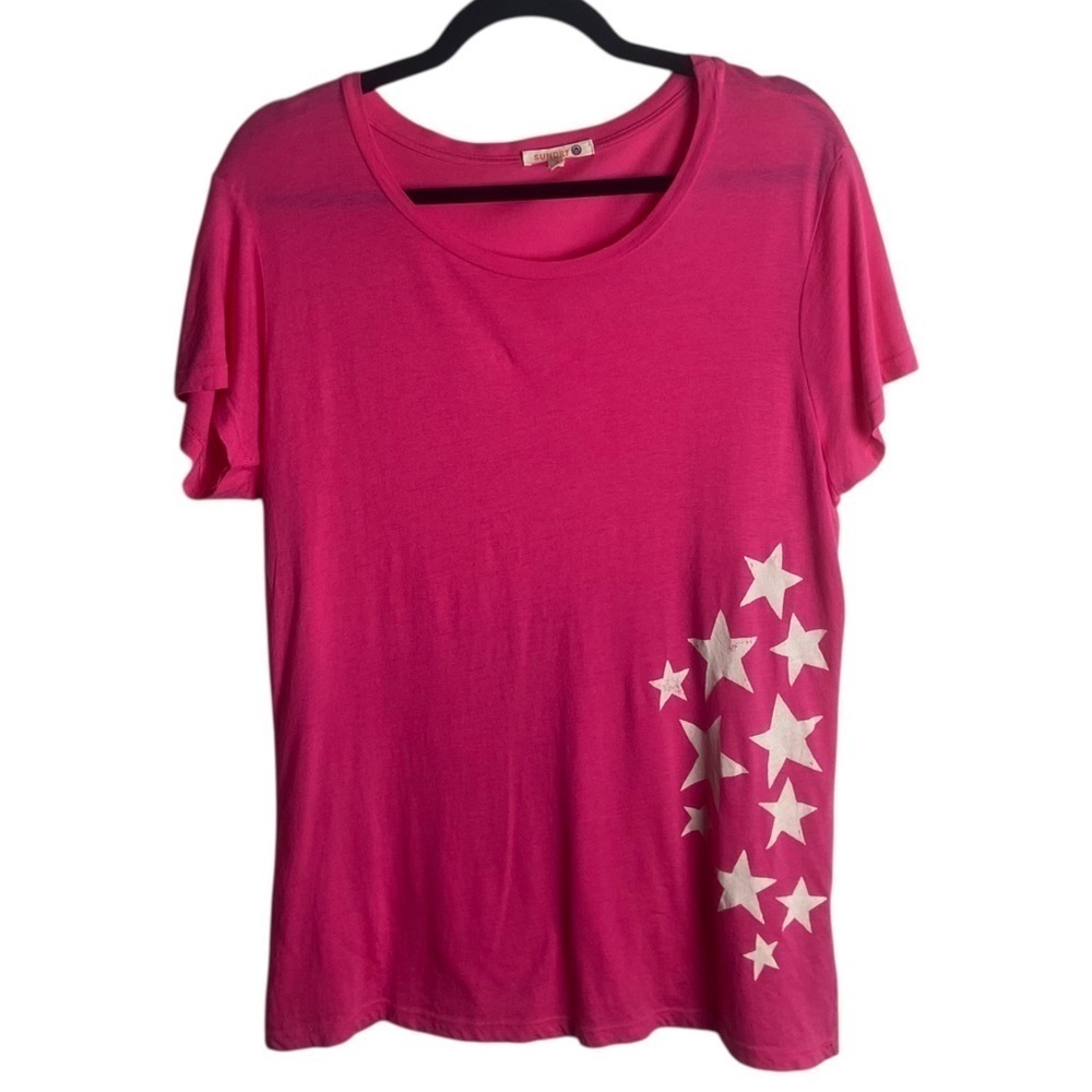 Sundry Size 2 Tee Shirt Hot Pink Star Print Modal Short Sleeve Tee Scoop Neck M